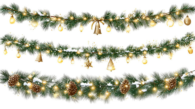 Vector Christmas string lights set glowing LED garlands on transparent background PNG clipart for holiday decoration invitations banners and postcards