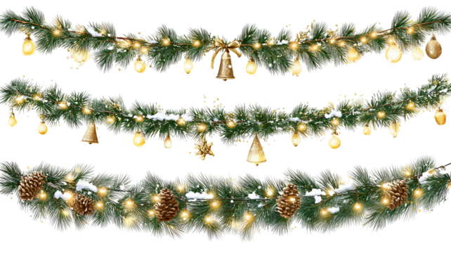 Vector Christmas string lights set glowing LED garlands on transparent background PNG clipart for holiday decoration invitations banners and postcards