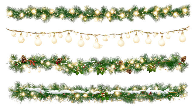 Vector Christmas string lights set glowing LED garlands on transparent background PNG clipart for holiday decoration invitations banners and postcards