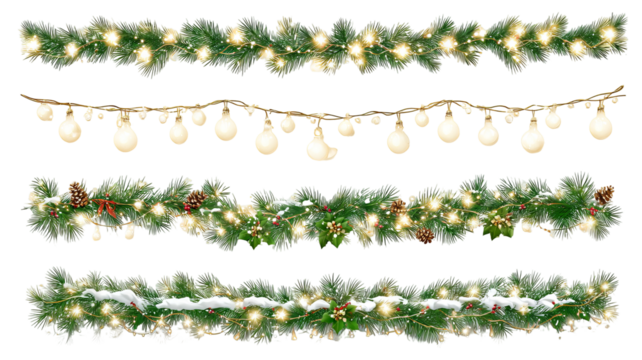 Vector Christmas string lights set glowing LED garlands on transparent background PNG clipart for holiday decoration invitations banners and postcards - Powered by Adobe