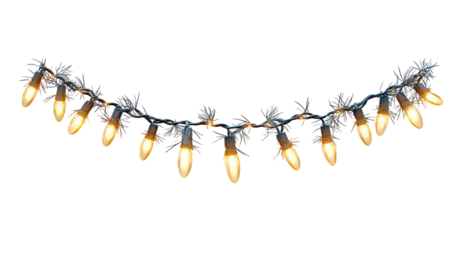 Realistic glowing Christmas string lights isolated on transparent background high resolution PNG clipart fairy garland for holiday cards banners and web
