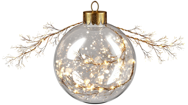 Transparent glass Christmas ornament with warm lights isolated on transparent background glowing bauble festive decoration high resolution PNG clipart for holiday designs