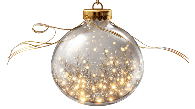 Transparent glass Christmas ornament with warm lights isolated on transparent background glowing bauble festive decoration high resolution PNG clipart for holiday designs