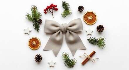 A flat lay arrangement of Christmas-themed decorative elements including a large grey bow, pine cones, dried orange slices, cinnamon sticks, and pine sprigs.