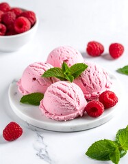 Pink ice cream scoops with raspberries