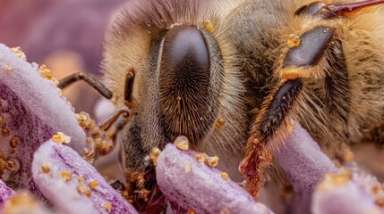 Macro close up of honeybee pollinating on a lavender colored flower