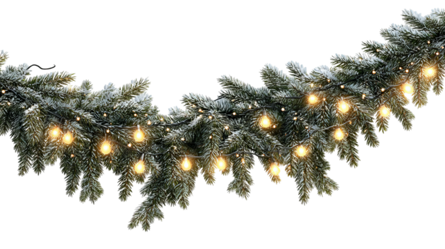 Christmas conifer garland with lights isolated on transparent background high resolution PNG clipart festive decoration for holiday cards invitations and web