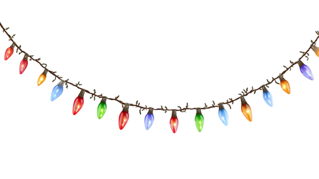 Colorful christmas string lights isolated on transparent background high resolution png clipart festive fairy garland for holiday cards banners and web design - Powered by Adobe