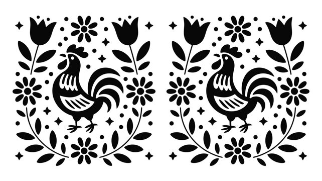 Two symmetrical black and white folk art compositions with roosters and floral elements displayed side by side silhouette
