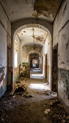 Interior view of a decaying corridor, with arched ceilings and doorways