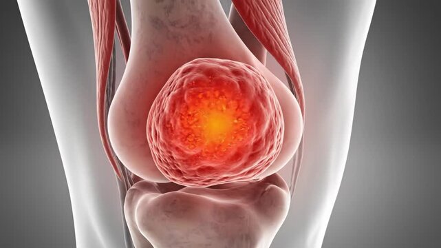 Inflamed Knee Joint Illustration - Close-up 3D video illustrating inflammation and pain within the knee joint. The visualization highlights the swelling and irritation affecting the joint.