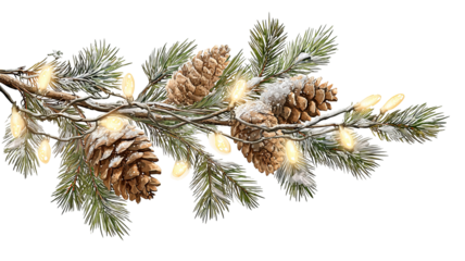 Christmas pine branch with cones and warm string lights front view isolated on transparent background high resolution PNG clipart for holiday design