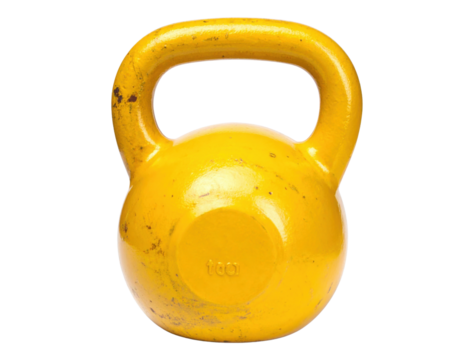 A bright yellow kettlebell showcasing a smooth, rounded body and a sturdy handle, perfect for strength training exercises.