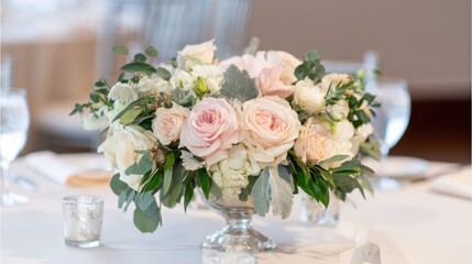 Elegant floral arrangement with roses and greenery on a decorative table setting