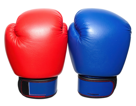 Two boxing gloves, one red and one blue, positioned closely together, showcasing their distinct colors and padded design.