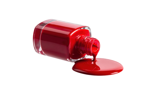 A red nail polish bottle tipped over, spilling its contents onto a surface.
