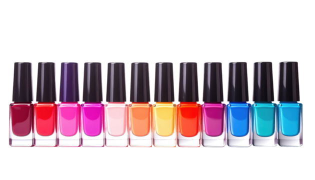 A row of vibrant nail polish bottles showcasing various shades, from deep reds to bright blues, arranged neatly in a line.