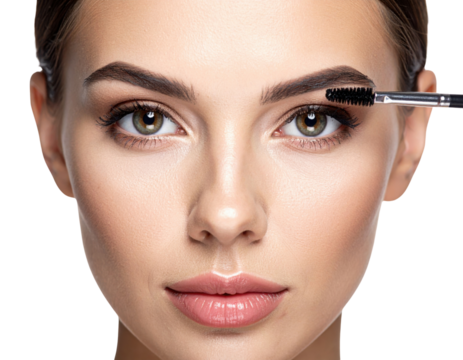 A close-up of a woman applying mascara to her eyebrows, highlighting her features and beauty.