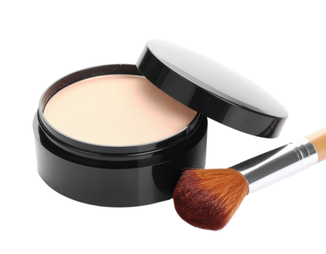 A sleek, black compact of powder makeup with an open lid, accompanied by a soft brush ready for application.