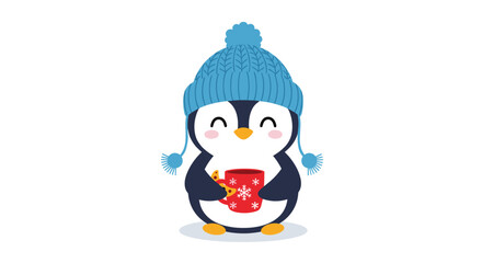 A cute penguin wearing a blue hat and holding a mug.
