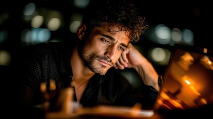 Man Working Late at Night with Laptop in Dim Light