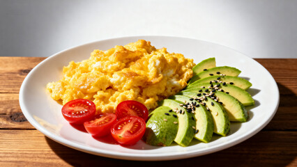 Scrambled eggs avocado and tomatoes