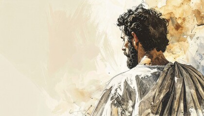 Watercolor artistic image of early 20's age, shepherd david from the bible, from behind, up close, over shoulder, praying.