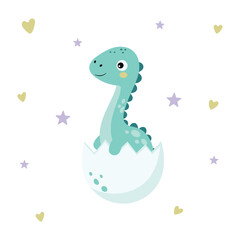 Cute baby dinosaur hatching from egg with stars and hearts in pastel colors
