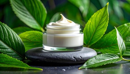 Jar of cream on black stone, surrounded by green foliage