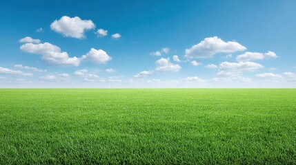 Obraz premium Expansive Green Field Under Clear Blue Sky with Soft White Clouds, Perfect for Nature and Tranquility Themes in Outdoor Settings and Landscapes