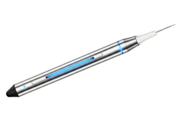 Futuristic metallic stylus pen with a glowing blue light element on a transparent background