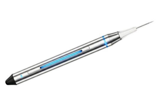 Futuristic metallic stylus pen with a glowing blue light element on a transparent background