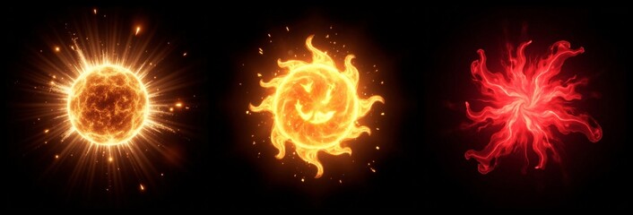 Collection of glowing light effects resembling suns, with radiant bursts and swirling patterns.