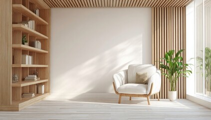 Cozy reading nook with bookshelf armchair and natural light