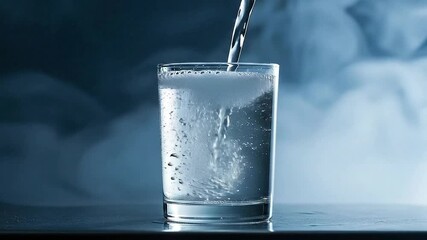 Water Pouring into a Glass in Atmospheric Blue Toned Scene with Bubbles Under Studio Lighting and Foggy Backdrop for Refreshment Concept and Hydration Theme Shot in Studio - Powered by Adobe