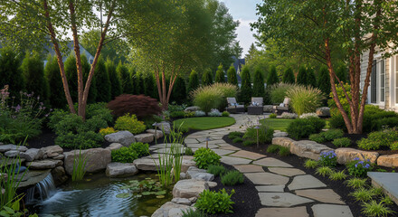 Obraz premium Beautiful landscape design of the backyard of a private house.