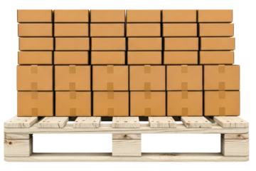 Wooden pallet stacked with sealed brown cardboard boxes on a transparent background
