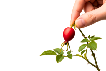 Hand carefully harvesting a ripe rose hip from a thorny stem on a transparent background