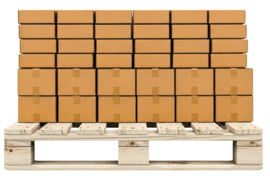 Wooden pallet stacked with sealed brown cardboard boxes on a transparent background