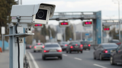 Security camera monitors traffic at a toll booth plaza