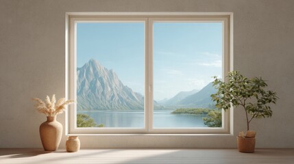 Fototapeta premium Serene Interior View with Mountain Landscape and Lake through Large Window in a Bright Room with Cozy Decor Elements