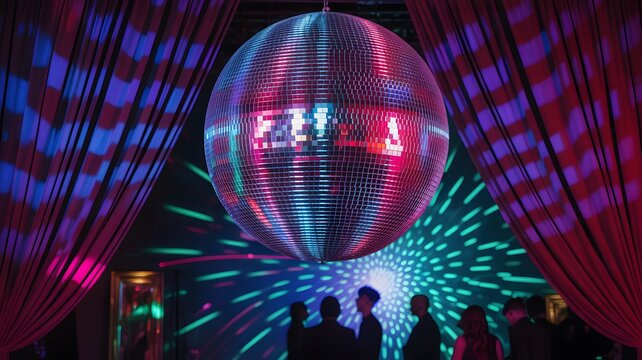 Disco ball illuminates a crowd with colorful lights and red curtains - Powered by Adobe