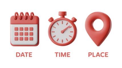 Date time and place icons in pink and white with a calendar clock and location pin on a black background