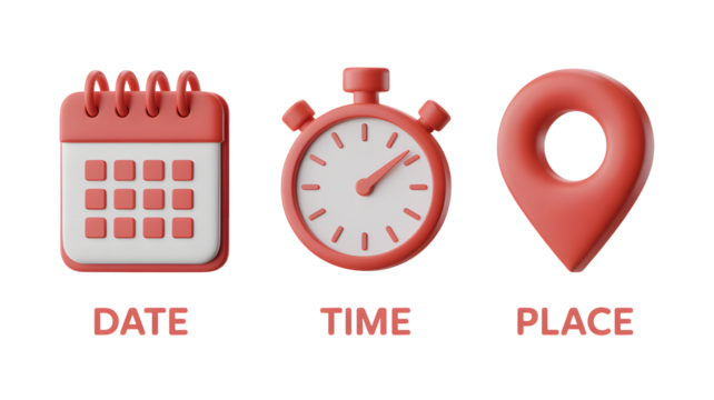 Date time and place icons in pink and white with a calendar clock and location pin on a black background
