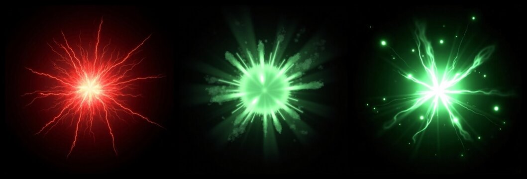 Collection of glowing light effects resembling balls and explosive blasts.