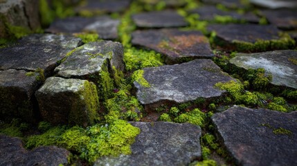 a close up of a stone surface covered in moss and lichen, giving it an aged and weathered appearance