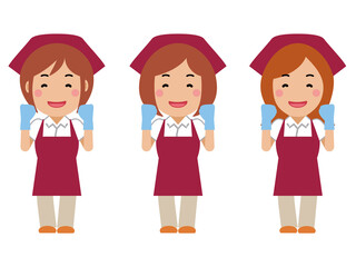 がんばります。と笑顔の真紅のエプロンの女性清掃員