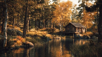 Obraz premium a serene forest setting during autumn. the scene includes a small wooden cabin nestled among trees with vibrant yellow leaves, indicating a change in seasons to fall