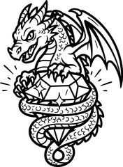Fototapeta premium Vector art of fantasy dragon holding d20 dice in claws, mythical art illustration
