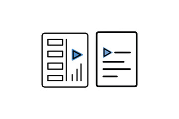 Two icons showing a video playlist with a play button and a document with a play button isolated on white background